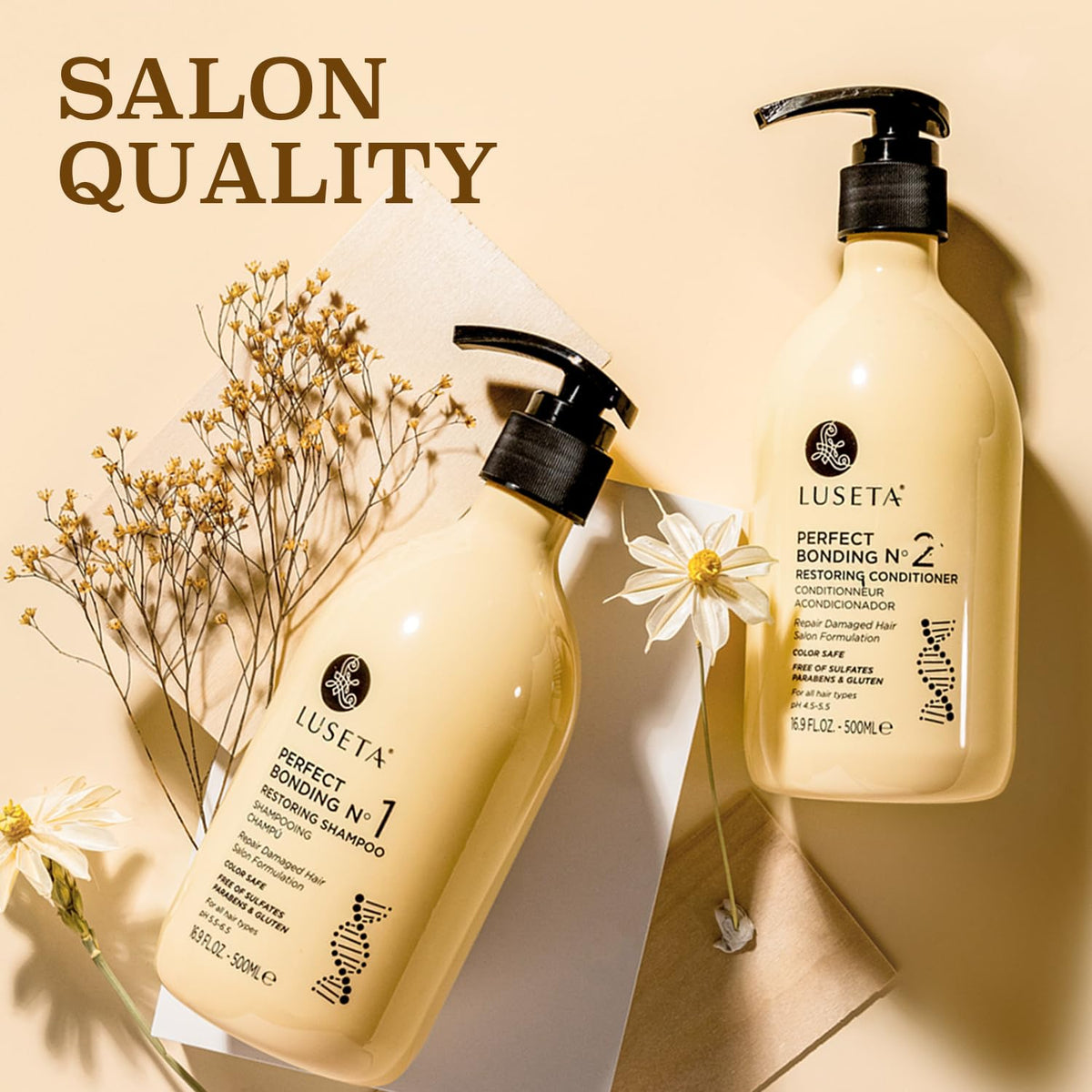 LUSETA lifestyle bathroom shelf displaying salon-at-home routine