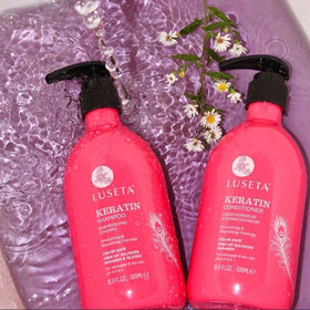 Luseta styling scene on bathroom vanity showing nourished, glossy hair results