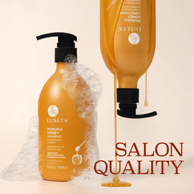 Texture shot of Luseta shampoo pouring into palm to show creamy moisturizing lather
