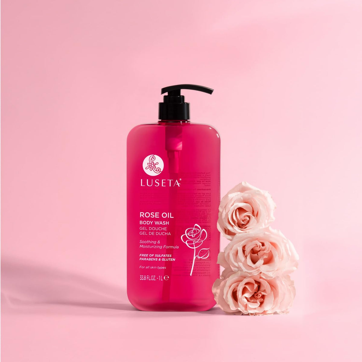 Luseta pour and texture closeup displaying gel consistency and easy lather