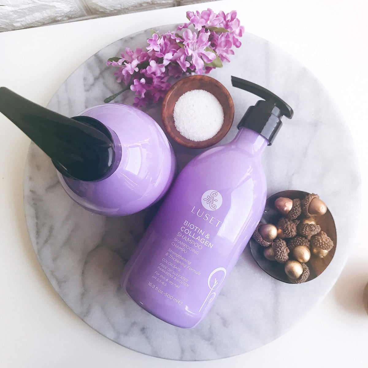 LUSETA shampoo on bathroom shelf showing everyday routine benefit