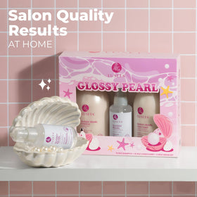 Luseta shampoo, conditioner and serum flatlay conveying a complete routine