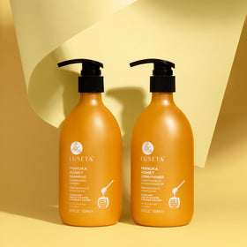 Hand using Luseta shampoo in shower demonstrating scalp soothing and cooling