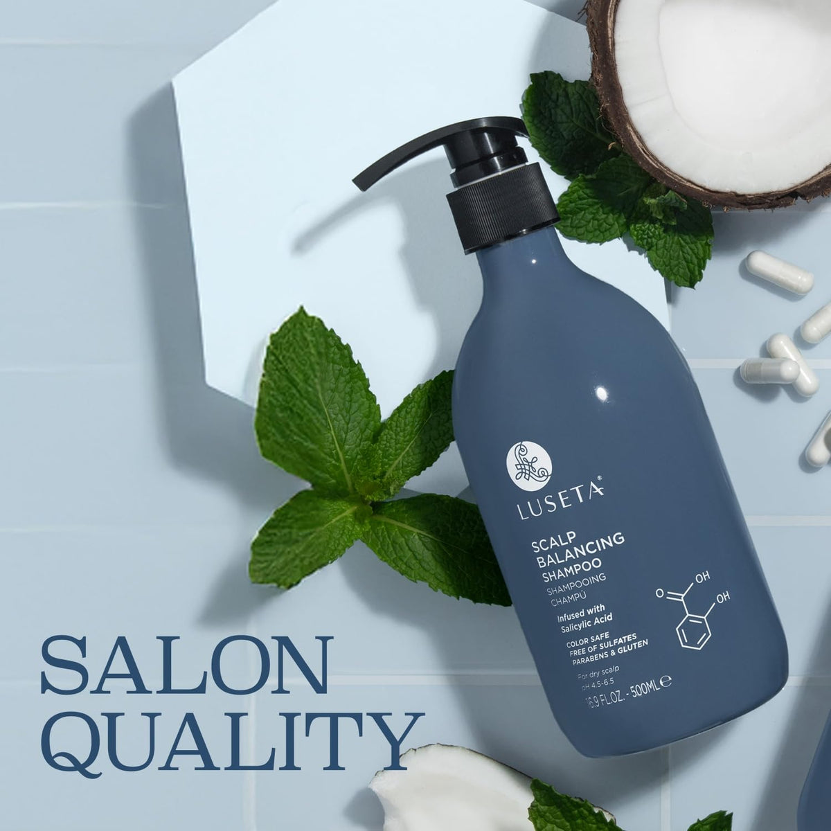 LUSETA shampoo in use under shower showing refreshed scalp benefit