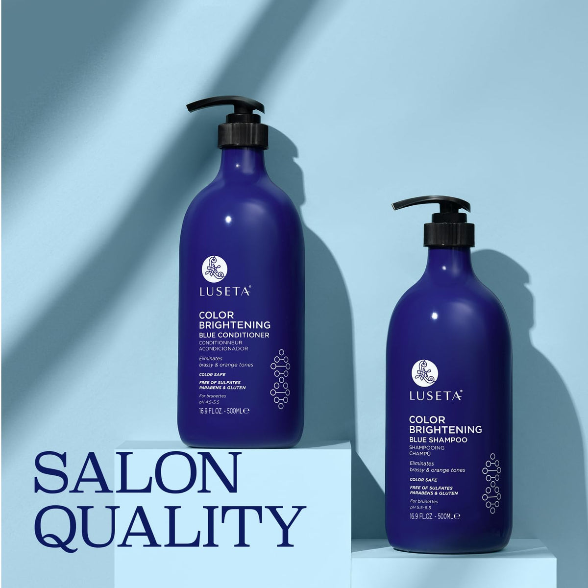 LUSETA two 16.9oz bottles in hand showing true size and convenient salon-size value