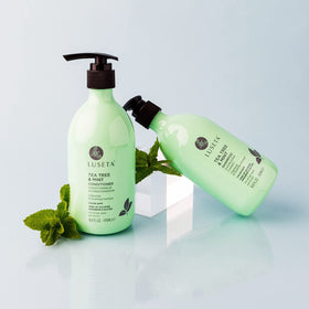 Luseta shampoo in a bathroom setting showing refreshing daily use benefit
