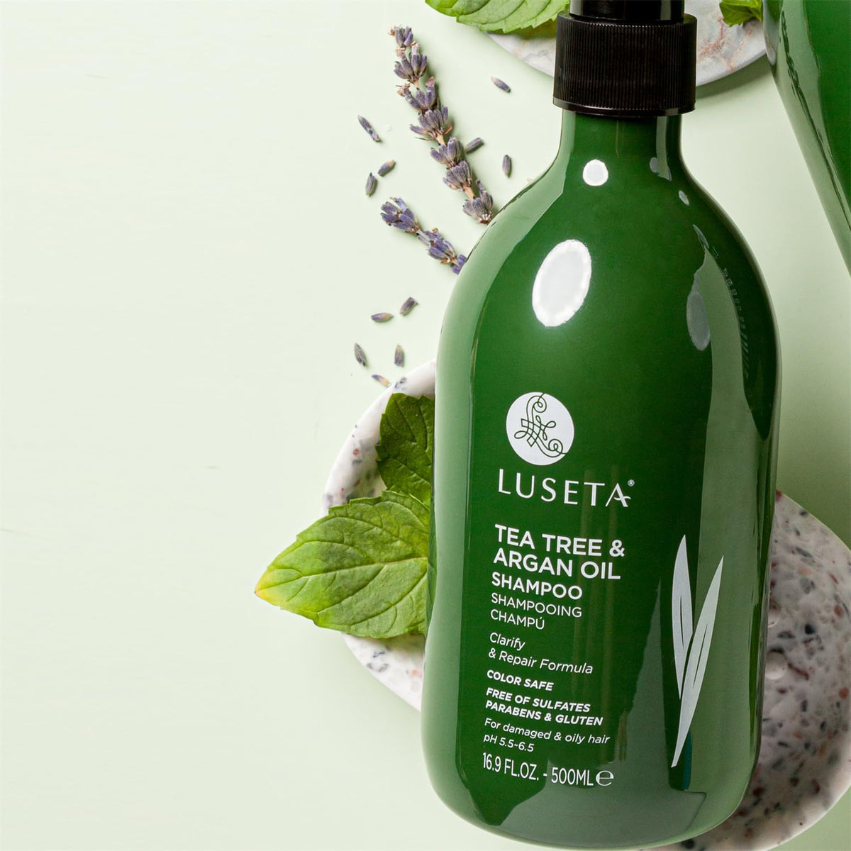 Luseta bottle staged in bathroom showing real-life grooming and routine