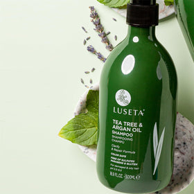 Luseta bottle staged in bathroom showing real-life grooming and routine