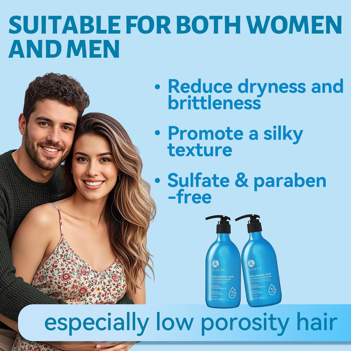 LUSETA shampoo texture spread showing creamy lather for gentle cleansing benefit