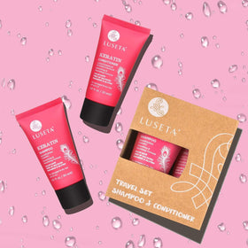 Luseta travel-size bottles beside full-size duo for convenient routine continuity