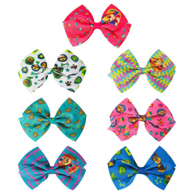 LUV HER close-up of bow fabric print, vibrant Paw Patrol character detail