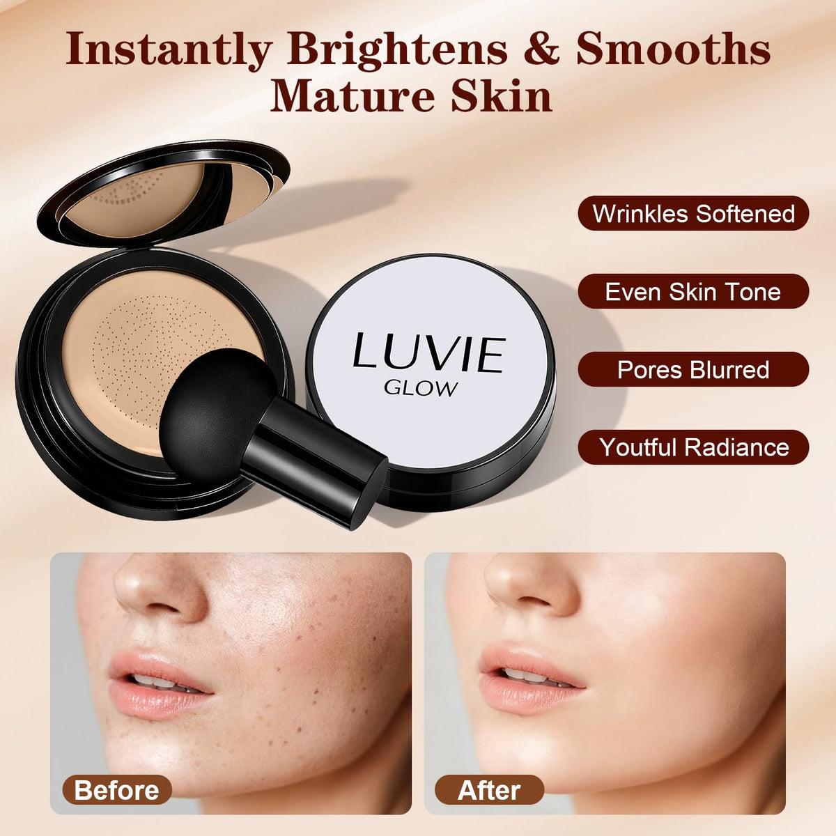 Luvie Glow application on model illustrating even coverage and youthful radiance