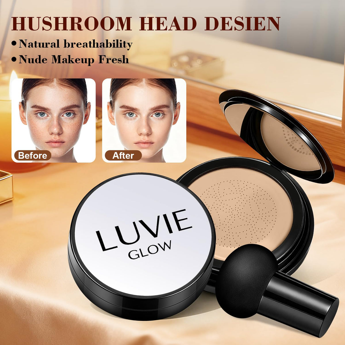 Luvie Glow compact opened with mirror for quick touch-ups and travel convenience