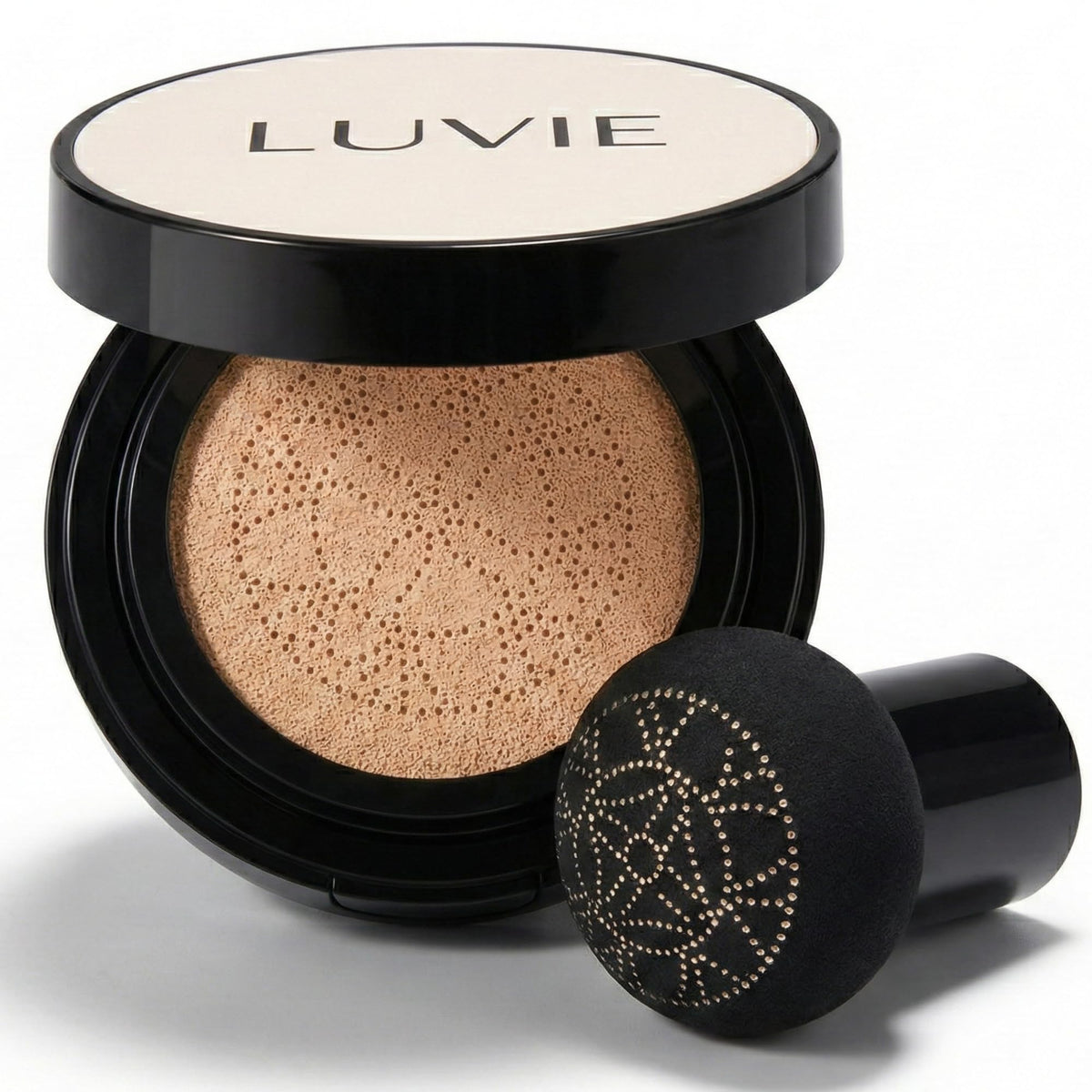 LUVIE cushion compact front view showing sleek packaging and dewy finish benefit