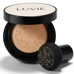 LUVIE cushion compact front view showing sleek packaging and dewy finish benefit