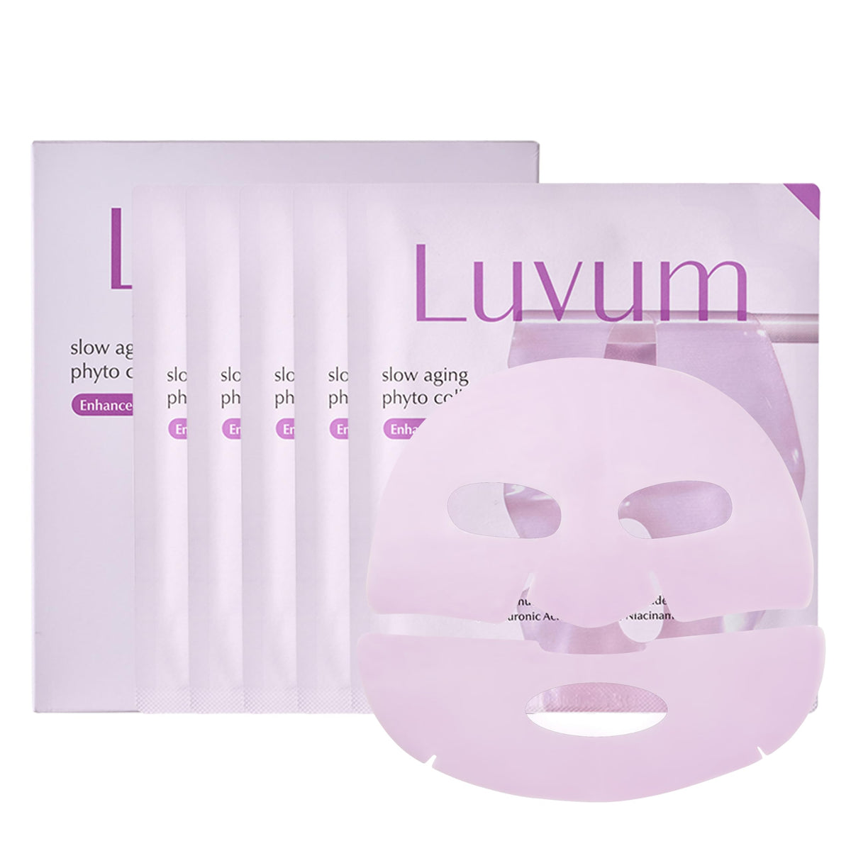 LUVUM front packaging showing five hydrogel mask sachets and benefits