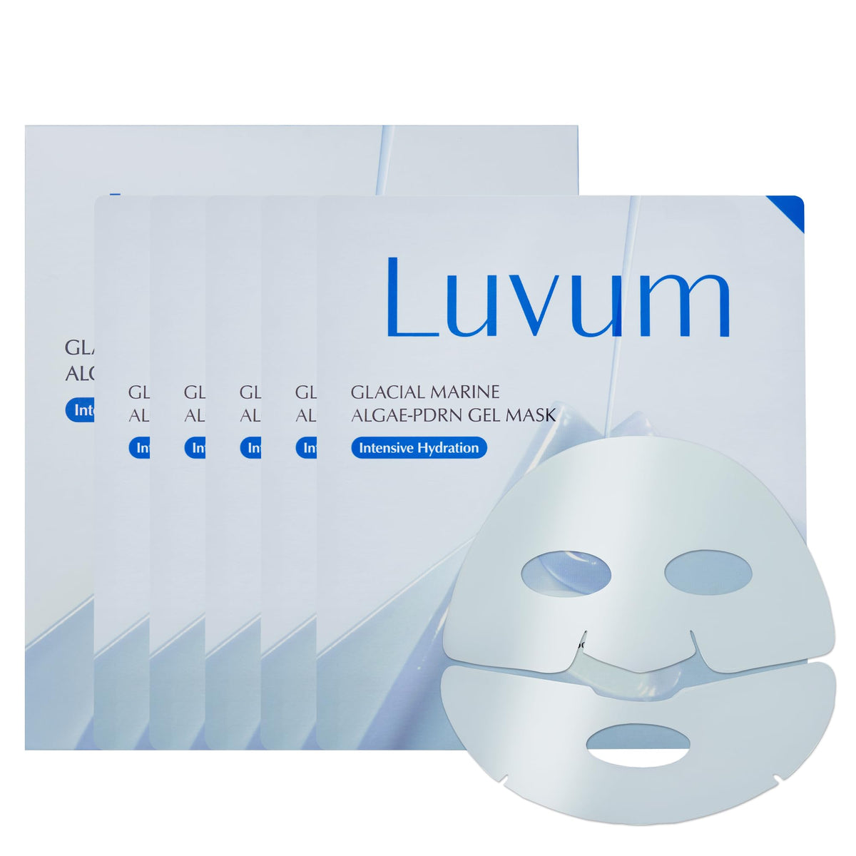 LUVUM pack front view showing 4+1 hydrogel mask set and packaging benefit