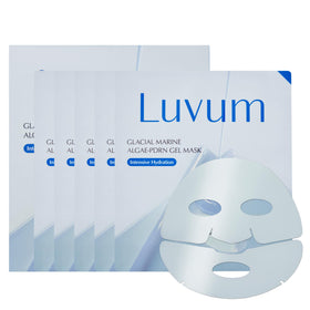 LUVUM pack front view showing 4+1 hydrogel mask set and packaging benefit