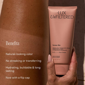 Lux Unfiltered applied with tanning mitt showing even, streak-free finish