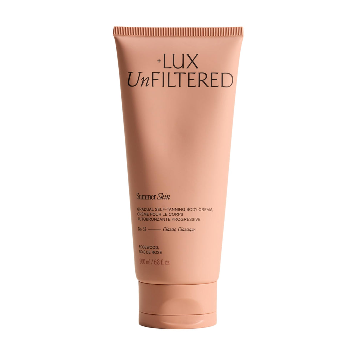 Lux Unfiltered bottle front showing rosewood label and natural tan benefit