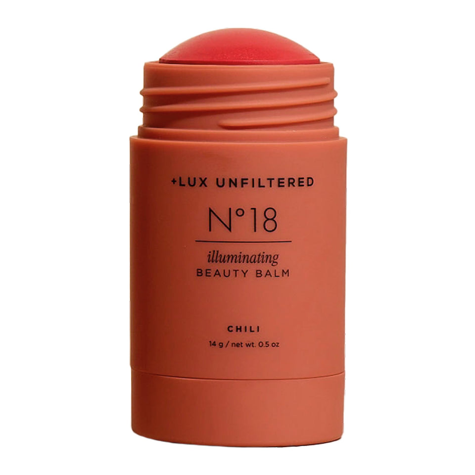 Lux Unfiltered front packaging showing compact blush stick and cap, easy travel use