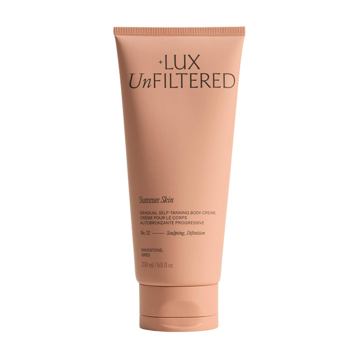 Lux Unfiltered front packaging showing bottle and sandstone shade benefit