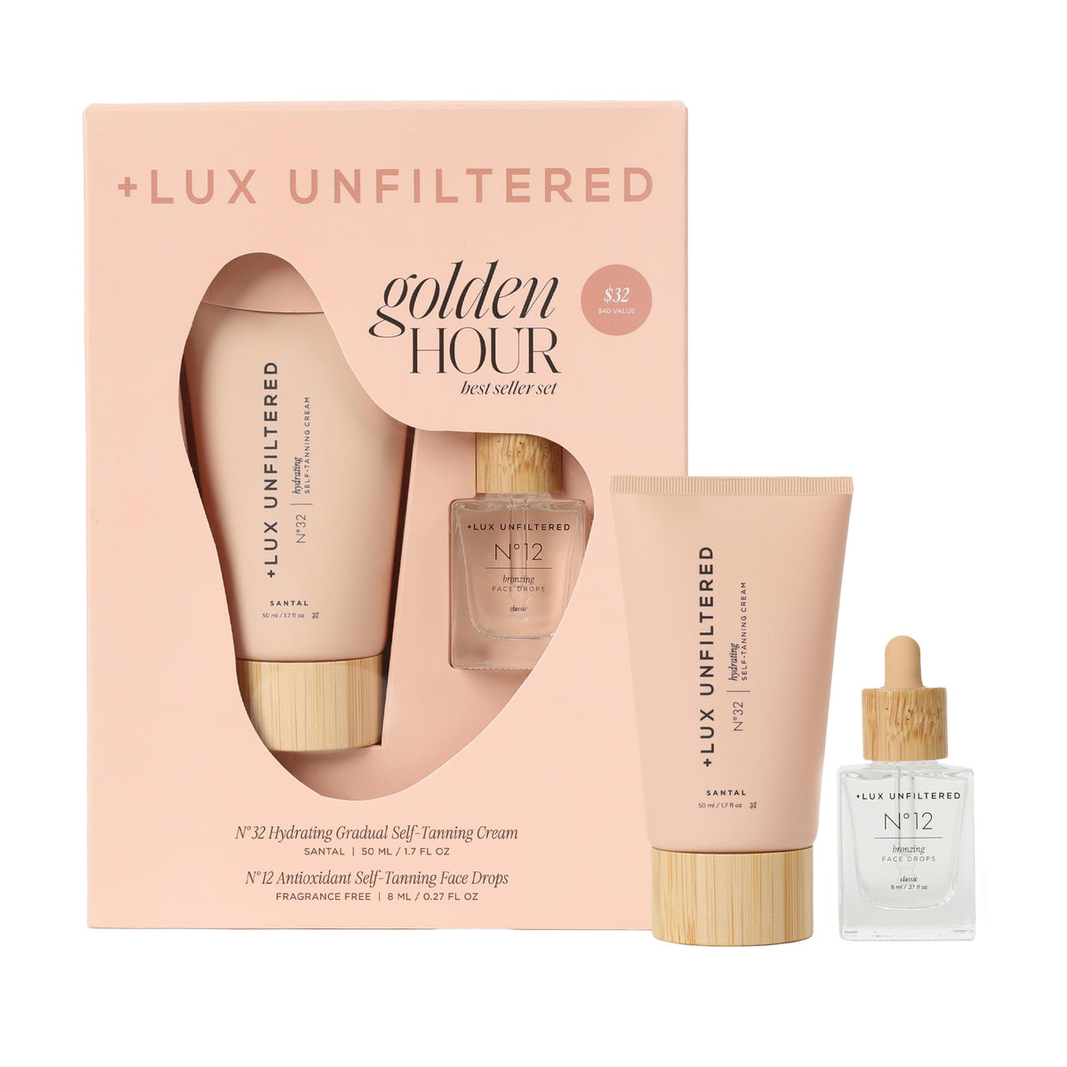 Lux Unfiltered mini golden hour set front box shows compact travel-ready packaging and gifting appeal
