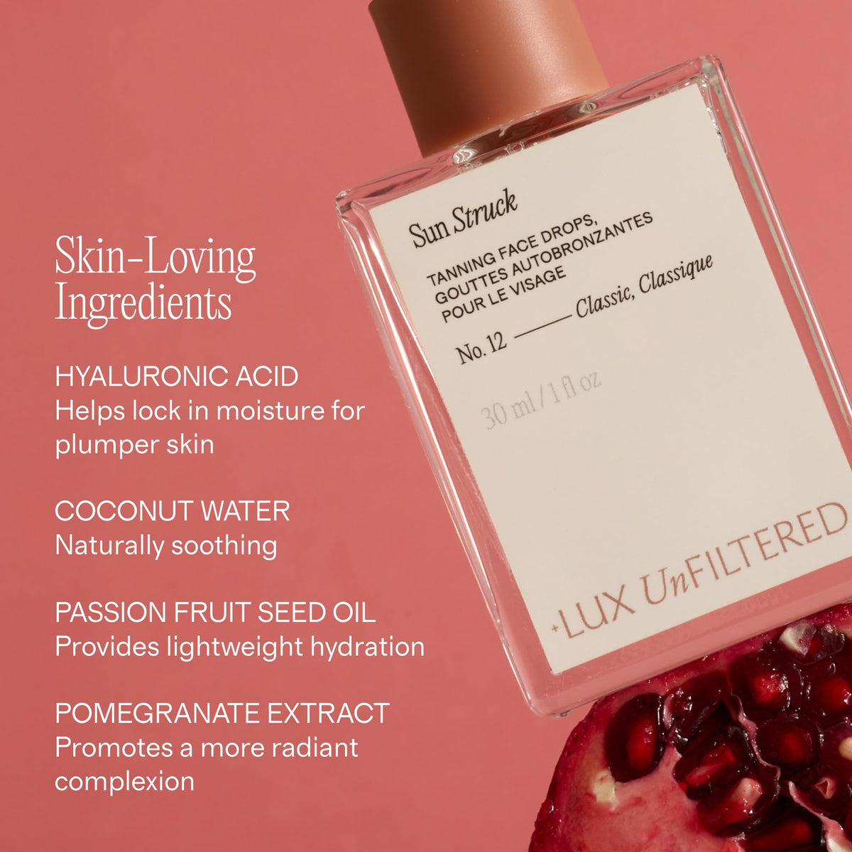 Lux Unfiltered applying drops to cheek demonstrating even coverage and streak-free finish