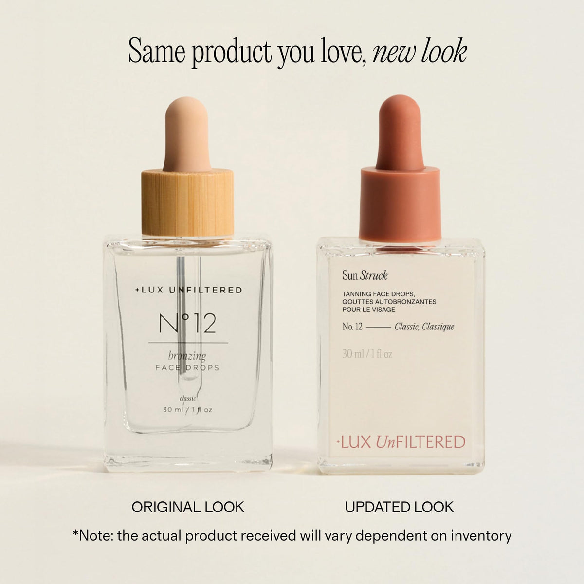Lux Unfiltered open dropper releasing clear tanning drops highlighting smooth lightweight texture