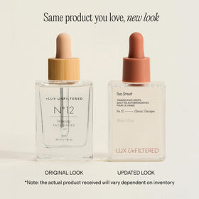 Lux Unfiltered open dropper releasing clear tanning drops highlighting smooth lightweight texture