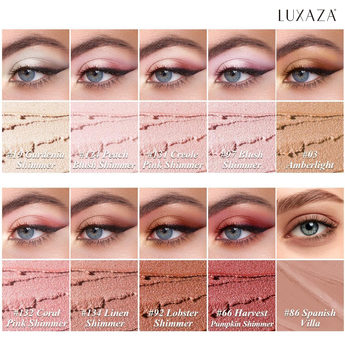 LUXAZA PRO ten eyeshadow sticks arranged to show coordinated shimmer and matte benefits