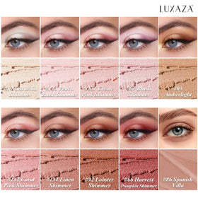 LUXAZA PRO ten eyeshadow sticks arranged to show coordinated shimmer and matte benefits