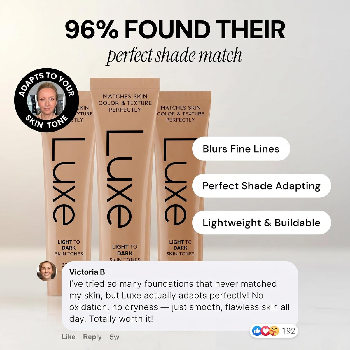Luxe application with brush showing even application and buildable coverage benefit