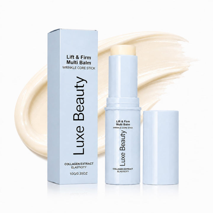 Luxe Beauty front packaging of under eye balm showing compact stick and branding benefits