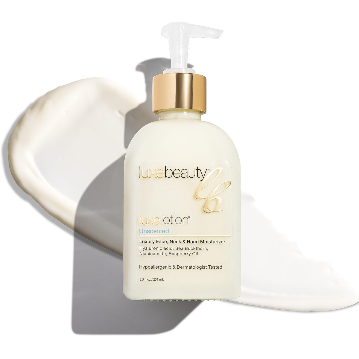 LUXE Beauty front packaging showing luxury lotion and clean design benefit