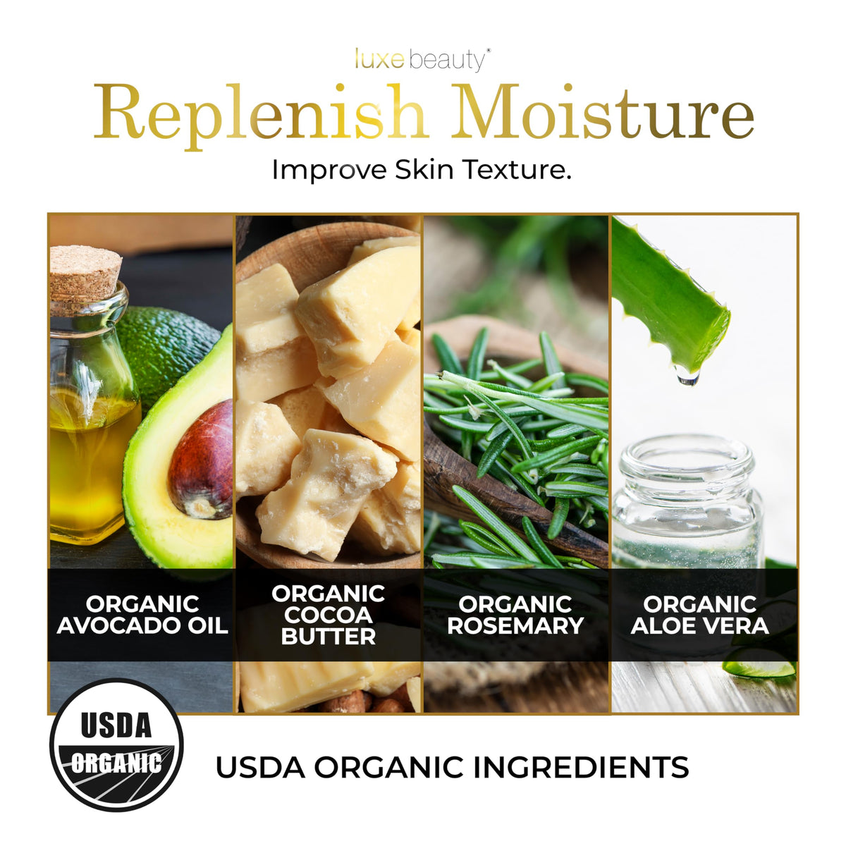 LUXE Beauty botanicals flatlay highlighting organic ingredients and antioxidant support