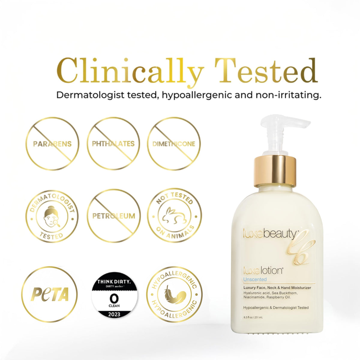 LUXE Beauty label close-up revealing ingredient list and clean formulation benefit