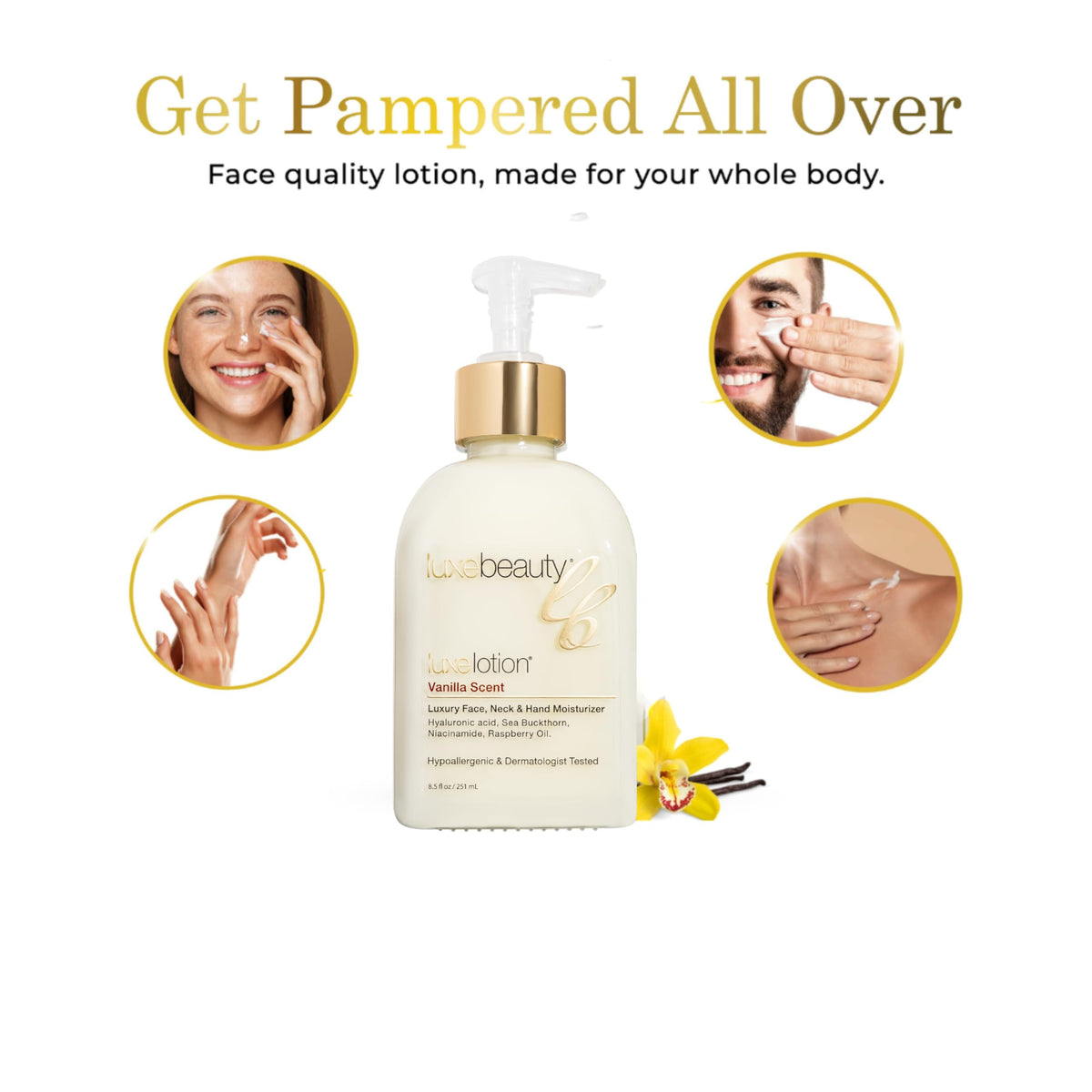 Luxe Beauty jar beside hand for scale showing true size and travel-friendly benefit
