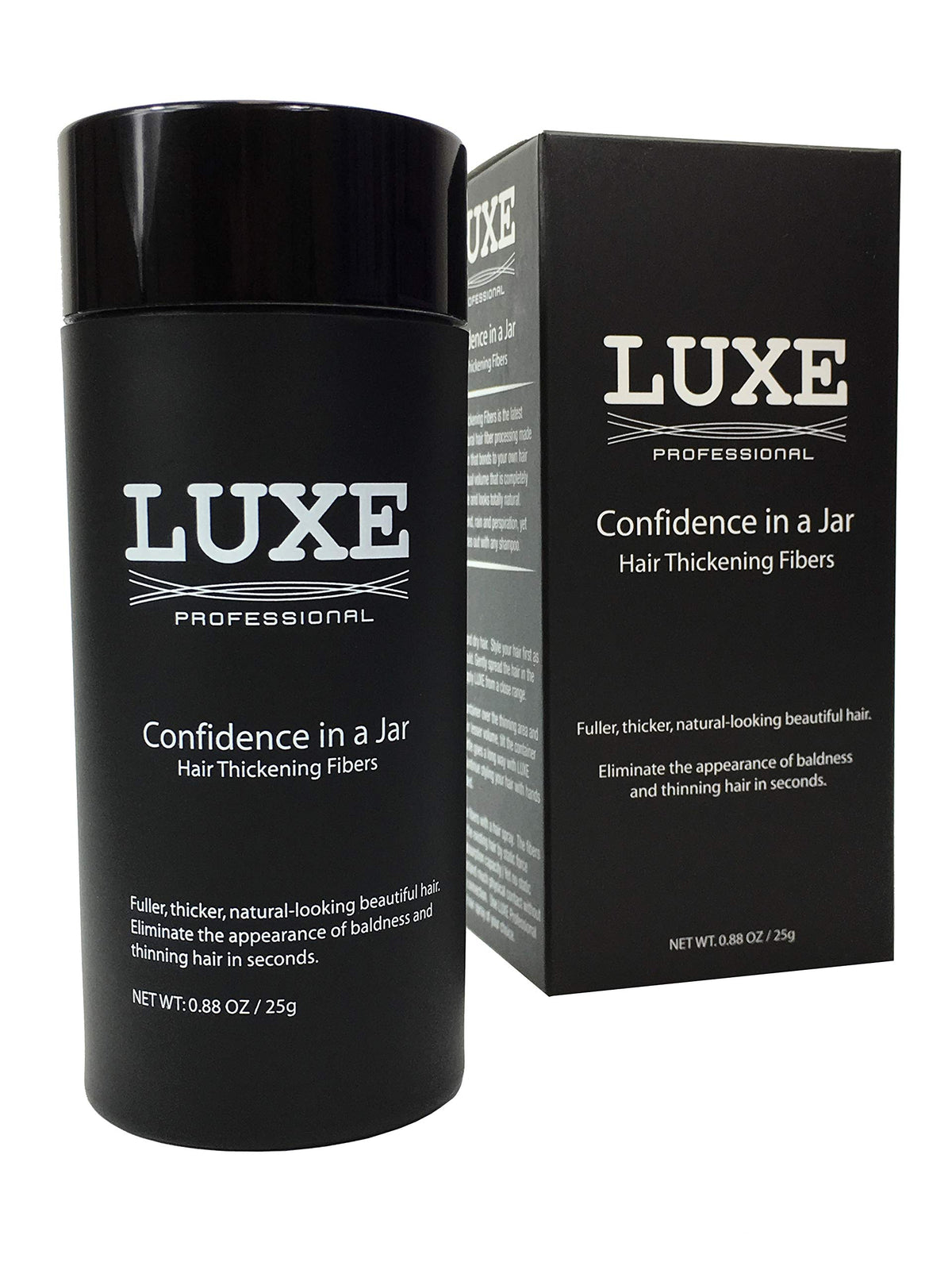 LUXE jar front view showing dark brown fibers and clear labeling benefit concealment