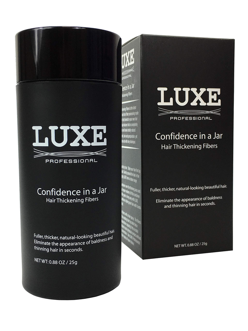 LUXE jar front view showing dark brown fibers and clear labeling benefit concealment