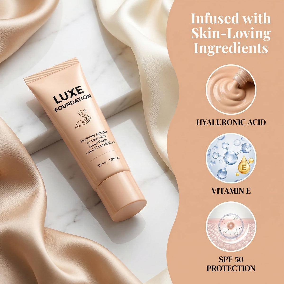 LUXE FOUNDATION applied with fingers blending on cheek, demonstrates easy use