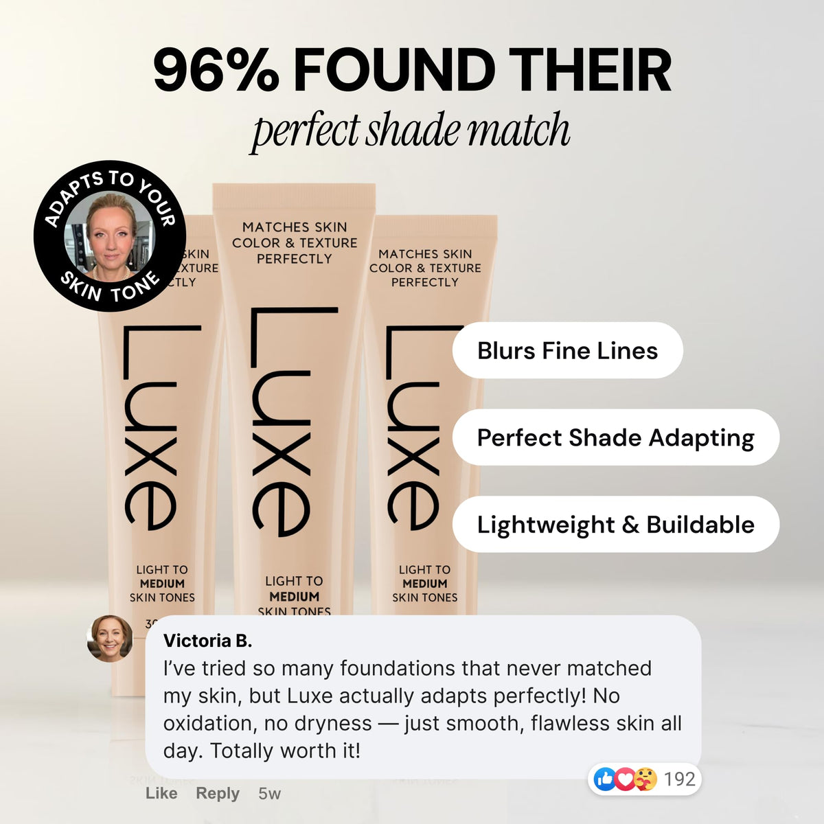 LUXE close-up label highlighting hyaluronic, niacinamide, peptides benefits