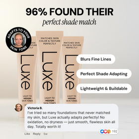LUXE close-up label highlighting hyaluronic, niacinamide, peptides benefits