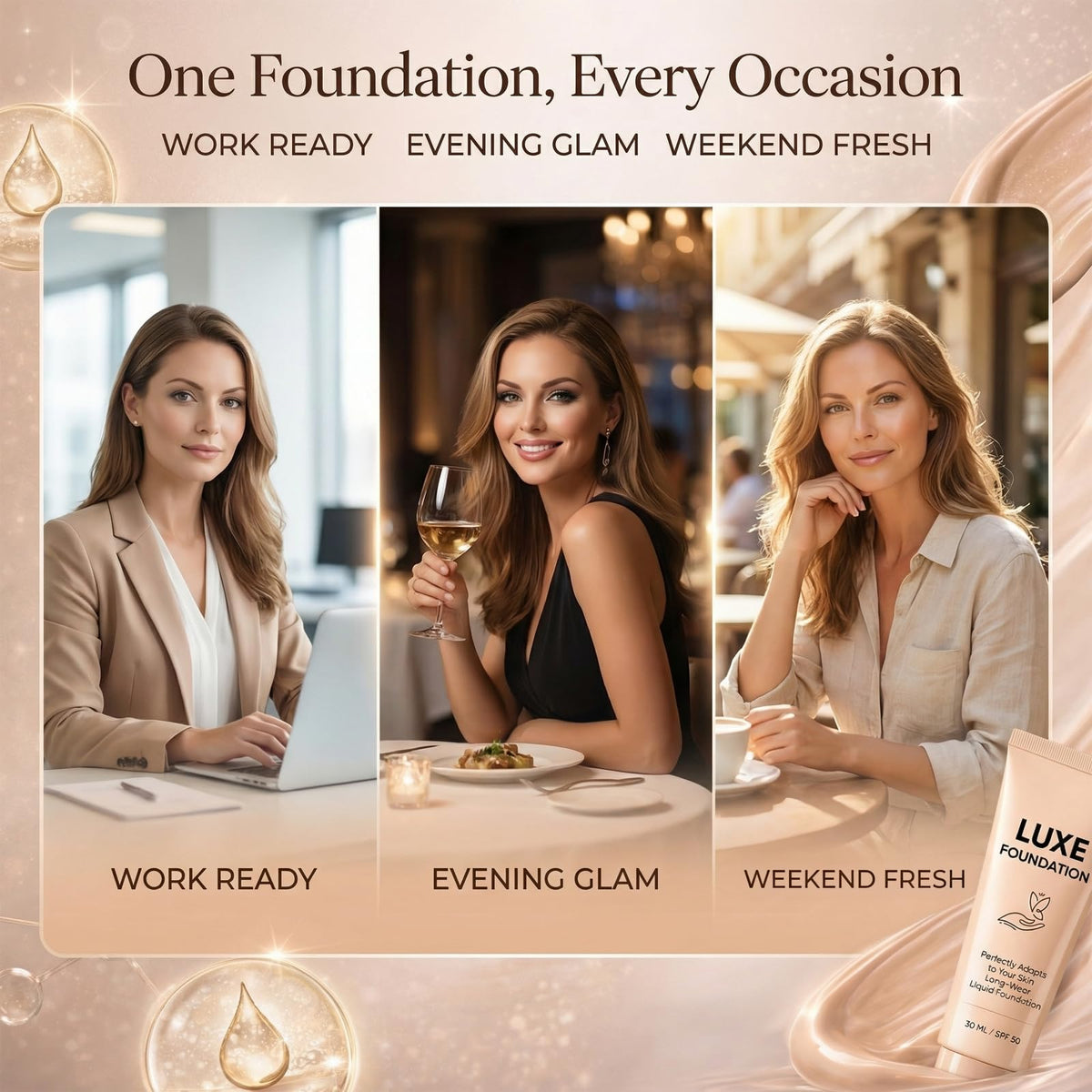 LUXE FOUNDATION in outdoor setting on model, suggests everyday wear protection