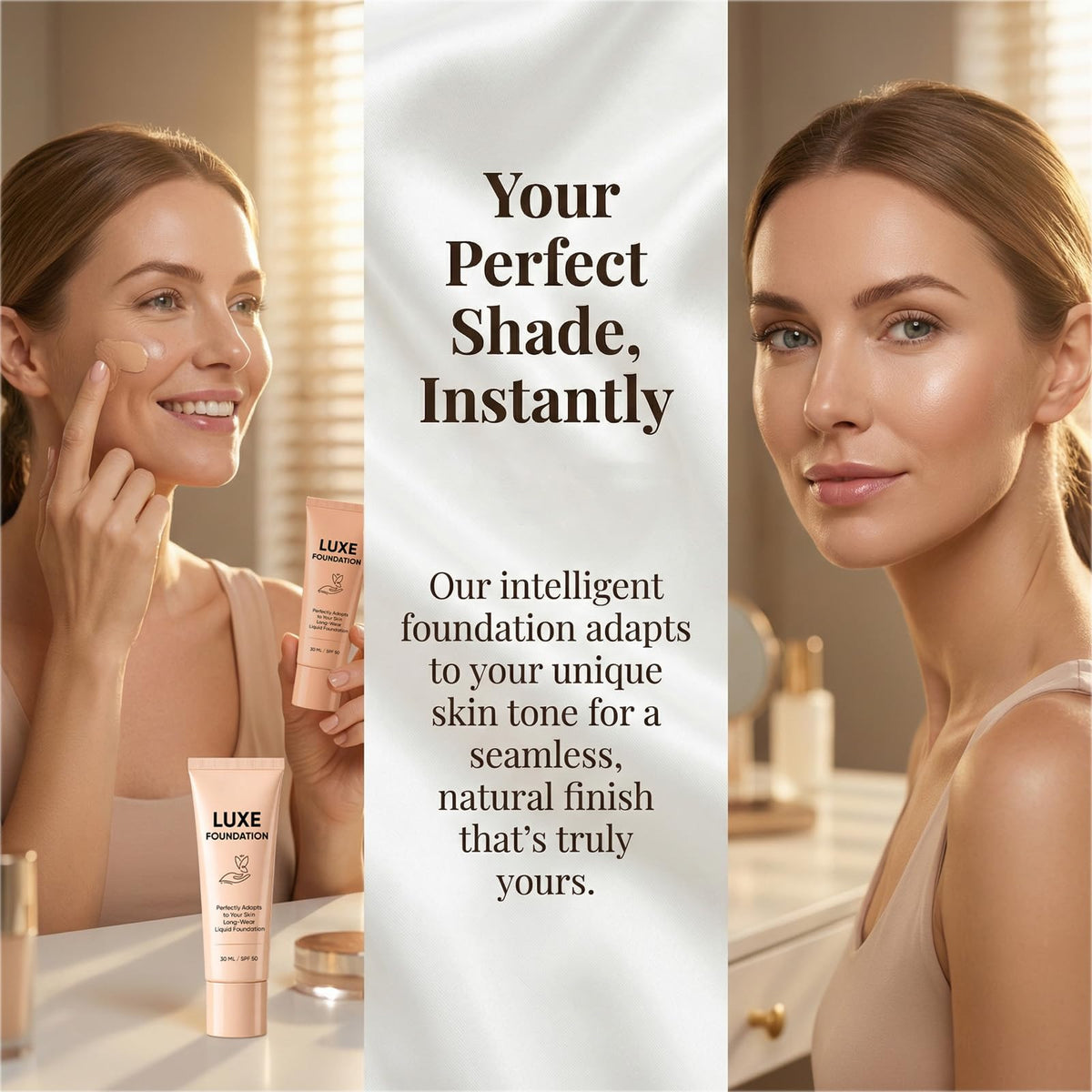 LUXE FOUNDATION beside everyday items showing 30ml size, emphasizes portability
