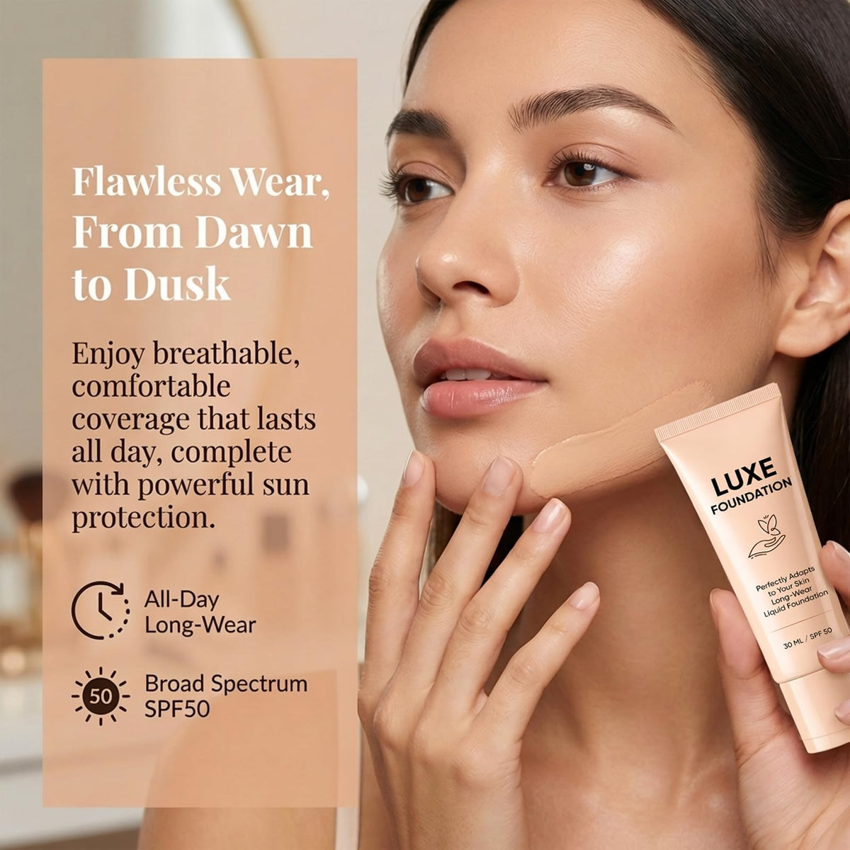 LUXE FOUNDATION SPF50 label close-up, highlights strong sun protection