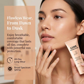 LUXE FOUNDATION SPF50 label close-up, highlights strong sun protection