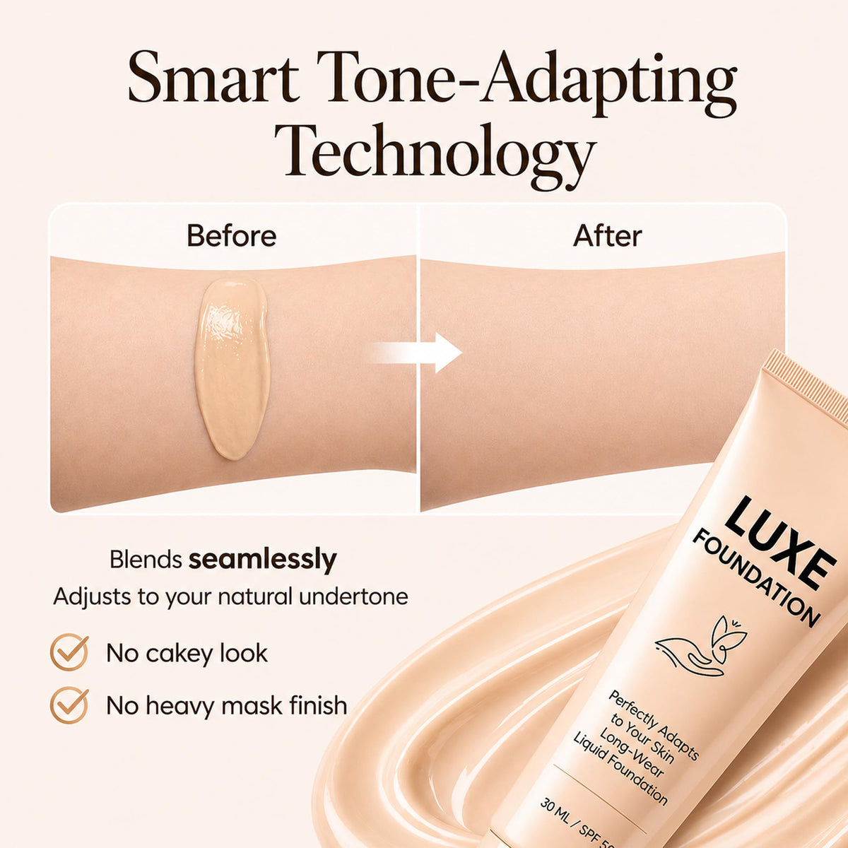 LUXE FOUNDATION swatch on wrist changing color, illustrates shade adaptation