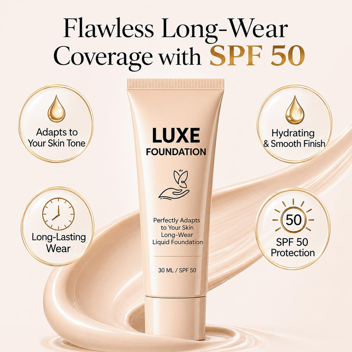 LUXE FOUNDATION texture close-up revealing micro-capsules, shows smooth finish