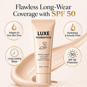LUXE FOUNDATION texture close-up revealing micro-capsules, shows smooth finish